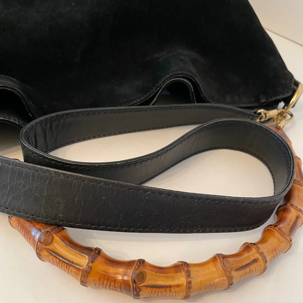 Gucci Suede Leather Bamboo Handle bag w/Strap Black Vintage - Picture 10 of 16